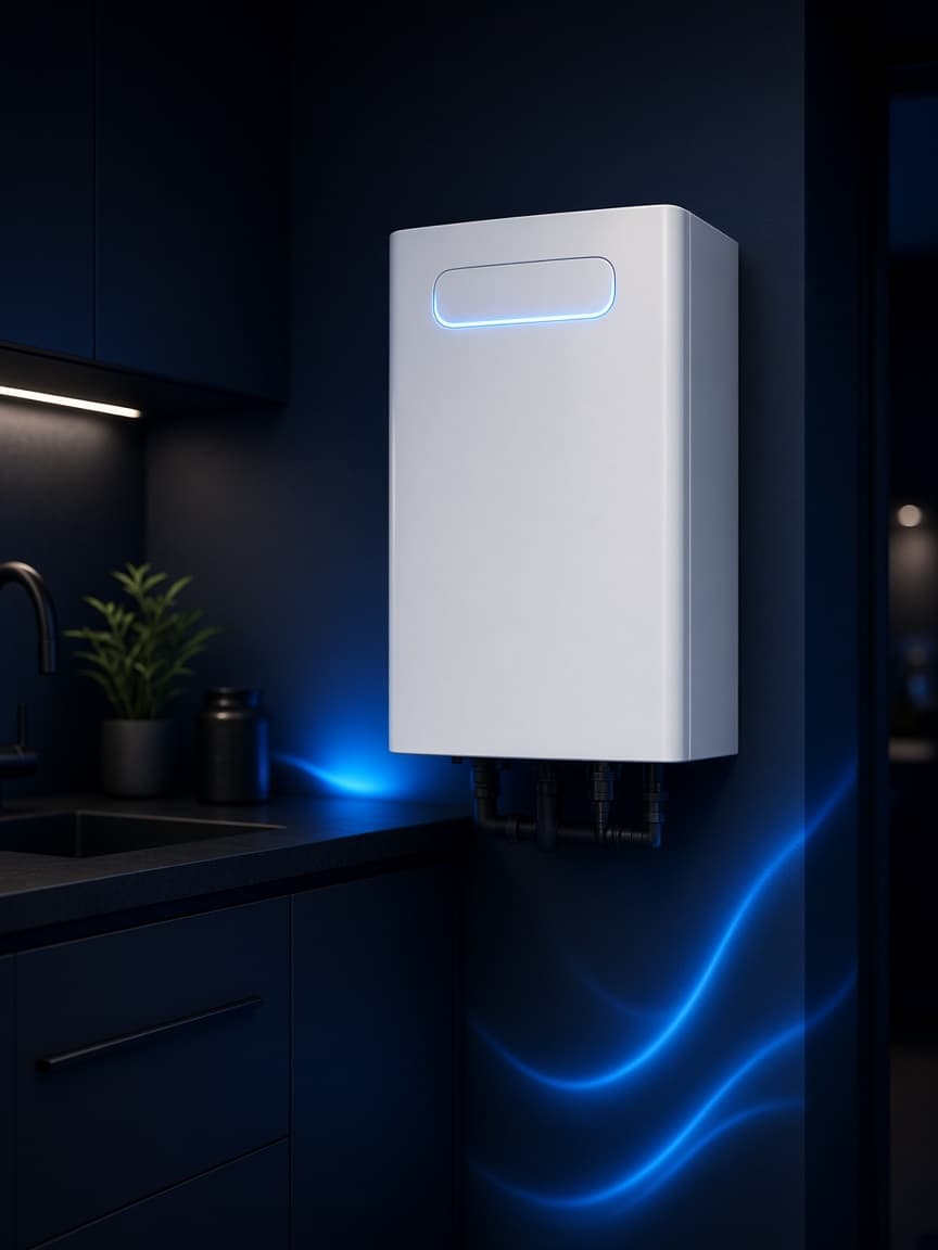 Modern wall-mounted boiler glowing softly in a dark kitchen