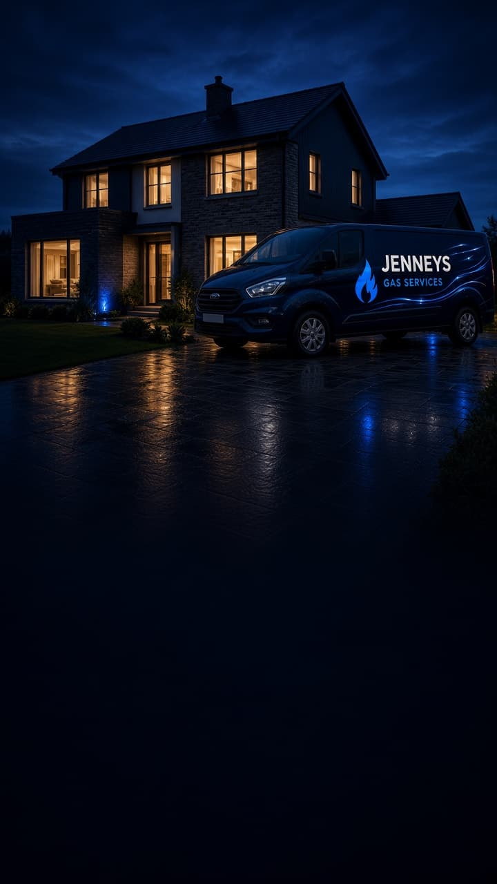 Jenneys Gas Services van parked outside a warmly lit family home at night